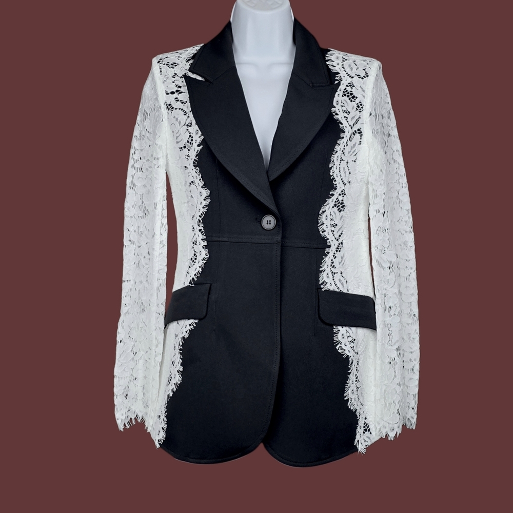 Madonna & Co. Womens Long Sleeve Black White Lace Single Button Blazer Size S